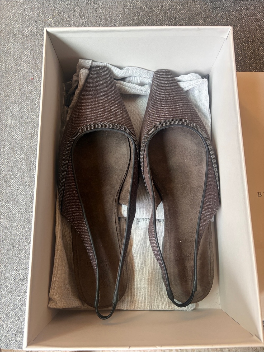 Brunello Cucinelli Brown Pointed Slingback Flats